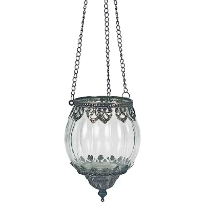 Image of Glass Hanging Ribbed Tea Light Candle Holder Moroccan Lantern Home Decor Metal