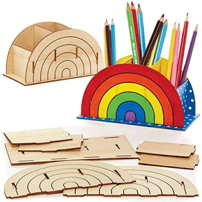 Image of Baker Ross FC775 Rainbow Wooden Pen Pot Kits Pack of 2, Wood Crafts Stationery Storage for Kids, Arts and Kids