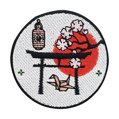 Image of Japanese Culture Iron on Patch Red Sun Embroidery Patch, Cherry Tree ironable Origami Patches, Japan Badges Finally Home