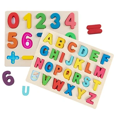 Image of Jacootoys Wooden Puzzles Set, Alphabet ABC and Numbers Recognition Jigsaws Board, Letters Learning Educational Montessori Toys for Preschool Kids Toddler Boys Girls 3 4 5 Years Old