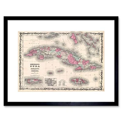 Image of Wee Blue Coo Map Johnson 1862 Cuba Porto Rico Picture Framed Wall Art Print