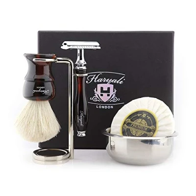 Image of Haryali London Shaving Kit 5 Pc Double Edge Safety Razor Super Badger Brush Soap Bowl Stand Red and Black Color Set as Gift