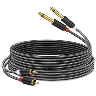 Image of J&amp;D Dual 1/4 inch TS to RCA Stereo Audio Interconnect Cable, Gold Plated Audiowave Series 2X 6.35mm Male 2 Adapter with PVC Shelled Housing and Nylon Braid,1.8 Meter