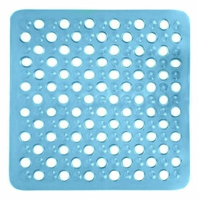 Image of ARA CHOICE Shower Mat Large Square Rubber Non Slip With Suction Anti Mould Bath Long Machine Washable Bathroom Bathtub Drain Holes Soft Feet Clear Blue