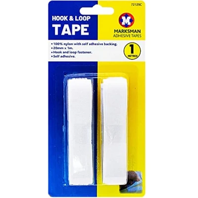Image of 20mm Wide MARKSMAN HOOK &amp; LOOP Tape Self Adhesive Strip 1M Heavy Duty White Or Black Sticky Backing Fastening Reusable Sewing Fabric Kit Home Kitchen School Office DIY Sealers UK (White)