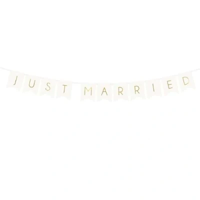 Image of PartyDeco Garland Bunting Banner &quot;Just Married&quot; White and Gold DIY Wedding Backdrop Decoration, 15 x 155 cm, Ideal for Wall Hanging Party Decor