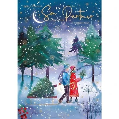 Image of Son and Your Partner Christmas Card Tree Sledge Design Romantic Festive Special Finish Made in the UK Eco Friendly