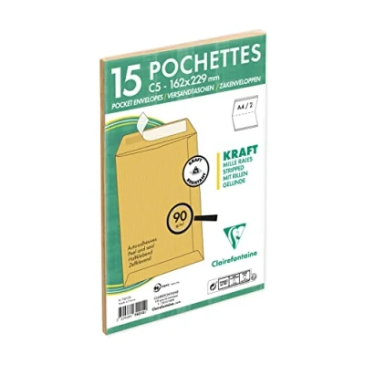 Image of Clairefontaine 74215C Pack of 15 Brown Milleraies Kraft Pockets C5 162x229 mm Self Adhesive 90g/m²
