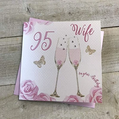 Image of Happy 95th Birthday Card Wife Champagne Glasses Pink Roses by White Cotton Cards SS42 W95