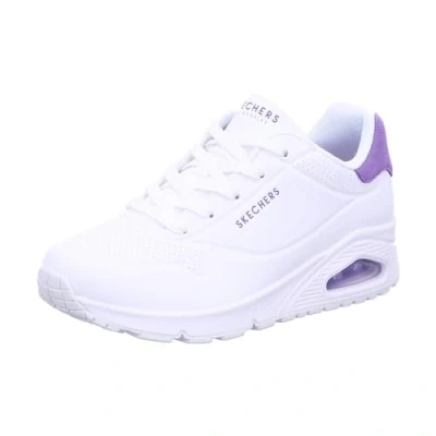 Image of Skechers Women&#039;s Uno Pop Back, White Durabuck/Purple Suede Trim, 5.5 UK