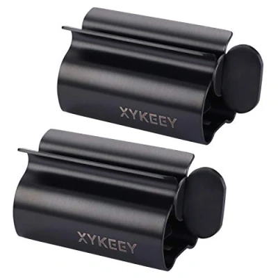 Image of XYKEEY Toothpaste Tube Squeezer Set of 2 Rollers, Metal Wringer Seat Holder Stand (Matt Black)