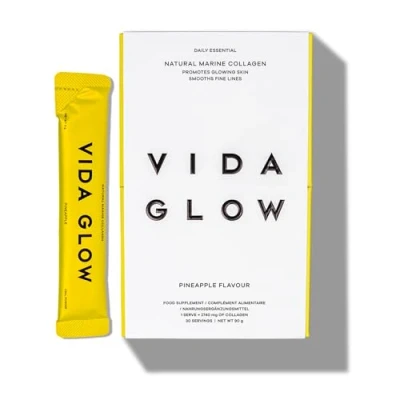 Image of Vida Glow Natural Hydrolysed Marine Collagen Sachets Promotes Glowing Skin + Smooths Fine Lines (Pineapple, 30 Sachets)