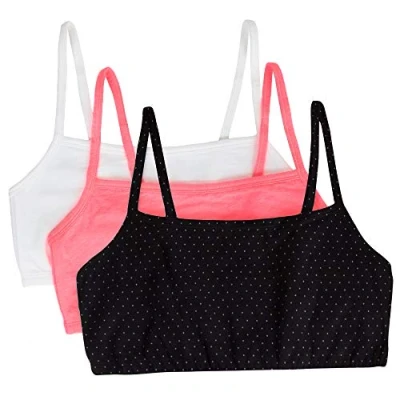 Image of Fruit of the Loom Women&#039;s Spaghetti Strap Cotton Pull Over 3 Pack Sports Bra in Fashion Colors, Opaque, Pin Dot/Popsicle Pink/White, 32 (Pack 3)