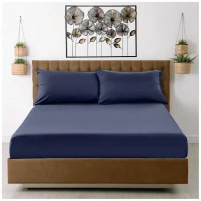 Image of Microfiber Fitted Sheet Double Plain Bed Sheets Deep Pocket 10 inch (25cm) Shrinkage, Fade &amp; Wrinkle Resistant Bottom Sheet, Navy to Mattress (137x193 cm) Machine Washable