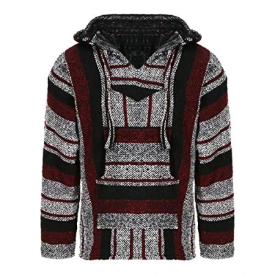 Image of Mexican Baja Jerga Hoodie Hippie Festival Top in Maroon, Black and White Stripe (XL)