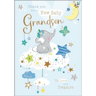 Image of New Baby Grandson Thank You Card Elephant and Stars Special Finishes Illustrated Insert Leaf Made in the UK