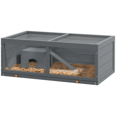 Image of PawHut Wooden Hamster Cage, Small Animal Cage with Sliding Tray, Openable Top, Hut, Exercise Play House for Syrian Hamsters, Grey