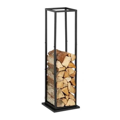Image of Relaxdays Firewood Rack, Tall Wood Storage, Fireplace, Metal, Steel, Stack Logs, HxWxD 121 x 35 cm, Black, Alloy