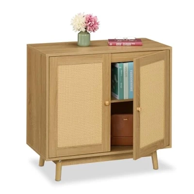 Image of Relaxdays Sideboard, 2 Compartments, Rattan &amp; Wood Look, HxWxD: 75 x 80 40 cm, Living Room Kitchen Cabinet, Natural, Plastic, Fibreboard
