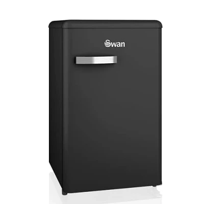 Image of SWAN SR11035BNE Retro Under Counter Fridge with 77L Capacity, 13L Freezer 1 Glass Shelf, 3 Door Shelves, Salad Drawer, E Energy Rated, Black