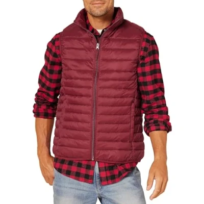 Image of Amazon Essentials Men&#039;s Lightweight Water Resistant Packable Puffer Gilet, Dark Red, M