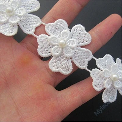 Image of 1 Yard Flower Pearl Lace Edge Trim Ribbon 3.8 cm Width Vintage Style Colourful Edging Trimmings Fabric Embroidered Applique Sewing Craft Wedding Bridal Dress Embellishment Clothes Embroidery (Cream)