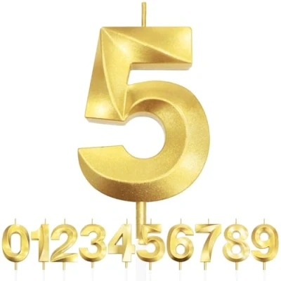 Image of Number 5 Birthday Candles, 3D Design Gold Glitter 5th Candle, Happy Cake Topper Decorations, Candle for Party, Wedding Anniversary 1pc