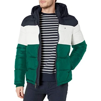 Image of Tommy Hilfiger Men&#039;s Hooded Puffer Jacket Down Alternative Coat, Green Combo, XXL
