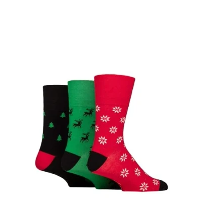Image of Mens 3 Pair SOCKSHOP Gentle Grip Cotton Christmas Socks Green / Black 6 11