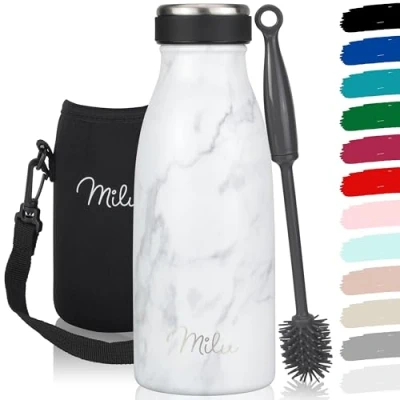 Image of Milu Stainless Steel Drinking Bottle 350ml 500ml 750ml 1L 1,5L Thermo Insulated Water Leak Proof Double Walled, Carbonated incl. Cleaning Brush (Marble, 350ml)