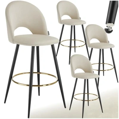 Image of TecTake® Set of 4 Bar Stools with Soft Velvet Look Covers &amp; Curved Backrests, Padded Stool Flared Steel Legs Footrests, Ideal as Kitchen Island Dining Chairs Cream/Black