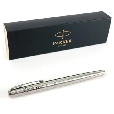 Image of Personalised Custom Parker Jotter SS fountain pen + Gift Box Laser Engraved chrome trim