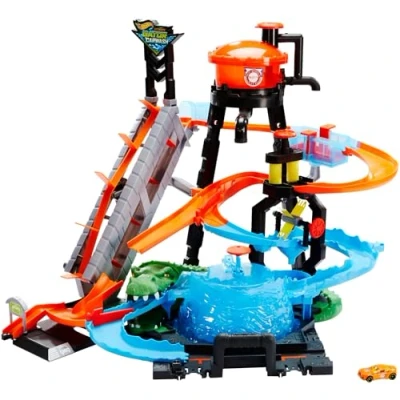 Image of Hot Wheels Ultimate Gator Car Wash ,manual crank elevator, crazy track, water tower, whirlpool dunk tank, and 1 Colour Shifters car, FTB67