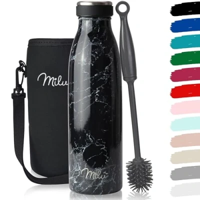 Image of Milu Stainless Steel Drinking Bottle 350ml 500ml 750ml 1L 1,5L Thermo Insulated Water Leak Proof Double Walled incl. Cleaning Brush (Granite Black, 500ml)