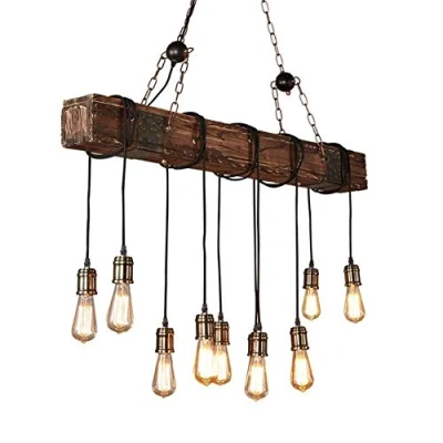 Image of Industrial Chandelier retro Farmhouse Style Light Fixture Dark Distressed Wood Beam Large Linear Island Pendant Lights Rustic 10 Heads Ceiling Hanging For Bar Ki