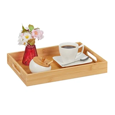 Image of Bamboo Serving Tray with Handles, for Breakfast in Bed, Coffee &amp; Tea, Square, 5 x 34,5 25 cm, Natural Brown Relaxdays