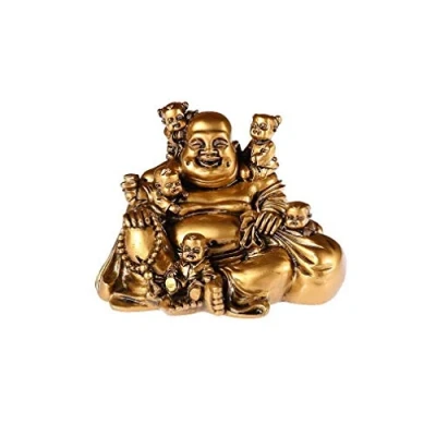 Image of lachineuse Laughing Buddha with 5 Children Statue 14 cm Gold Colour Feng Shui Decoration Chinese Zen Decorative Object for Interior, Living Room Lucky Charm Gift Idea