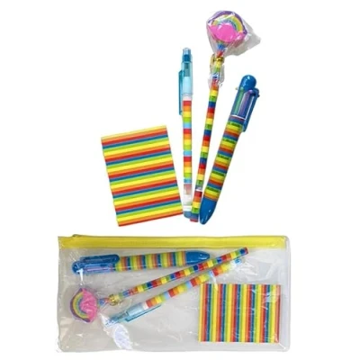 Image of Rainbow Stripes Pencil Case Stationery Set. 5 Piece