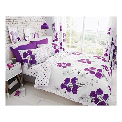Image of Gaveno Cavailia Poppy Luxurious Bed Set with Duvet Cover and Pillow Cases, Polyester Cotton, Single Aubergine