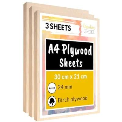 Image of Creative Deco 3 x A4 Birch Plywood Sheets 300 210 24mm (+/ 2mm) Baltic Wood Ply Perfect Laserable Board for DIY Home Decor Arts Craft Painting Laser Cutting CNC Stenciling Pyrography