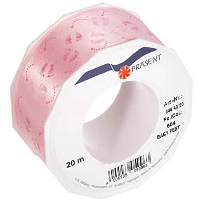 Image of Präsent Baby Feet Printed Satin Ribbon Pink 40 mm width, 20 m length