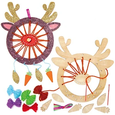 Image of Baker Ross AX520 Reindeer Wooden Dreamcatcher Kits Pack of 4, Create Your own Dream Catchers for Kids Arts and Crafts, Wall Decorations an Introduction to Sewing