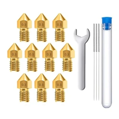 Image of MMOBIEL 10 Pcs 0.3mm Brass MK8 3D Printer Nozzles Extruder Compatible With Creality Ender 3 Series, 5 CR 10/10S, Makerbot, Incl. Cleaning Needles and Wrench