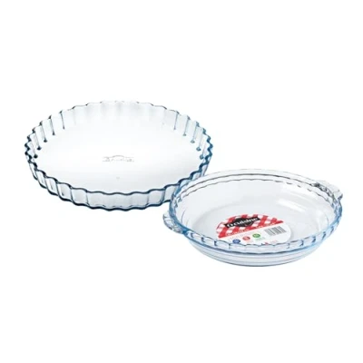 Image of Ôcuisine® Fluted Flan Dish &amp; Cake With Handles Pack of 2 Glass Dishes Extreme Resistance Oven Safe Freezer Microwave Borosilicate Made in France Flans Baking