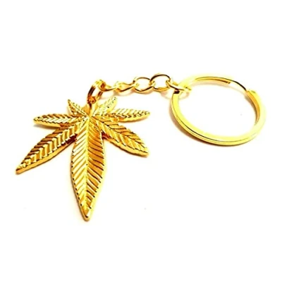 Image of Gold Tone Cannabis Hemp Weed Marijuana Leaf Keychain Hippy Boho Bag Charm Ganja Pot Stoner Smoker Gift Peace Lover Key Ring