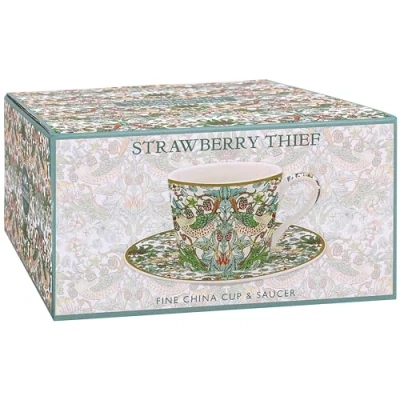 Image of The Leonardo Collection Strawberry Thief Cup &amp; Saucer Set Designed by William Morris Tea Perfect for Home or Office Cups and Saucers Coffee Enjoying Hot Drinks