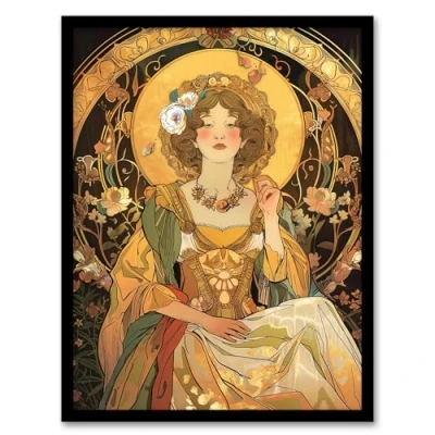 Image of Artery8 Alphonse Mucha Style Woman Floral Art Nouveau Living Room Artwork Framed Wall Print A4