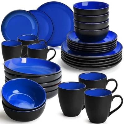 Image of MIAMIO 30 Piece, Service for 6 Dishware Set/Stoneware Dinnerware Set Including Plates, Bowls and Mugs Microwave &amp; Dishwasher Safe Le Papillon Collection (Blue)