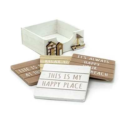 Image of Set Of 4 Seashore Wooden Coaster With Holder Nautical Drinks Coasters Quotes Square Coastal Beach Hut