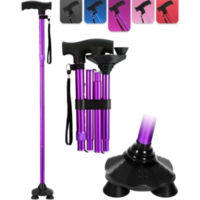 Image of 3 Footed Walking stick Folding Adjustable Sticks For Women Free Standing Cane, Canes Men, Ladies, Elderly (walking purple)